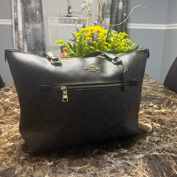 Coach Signature Large City Zip Tote Bag Brown Black Gold Hardware - Picture 7 of 15